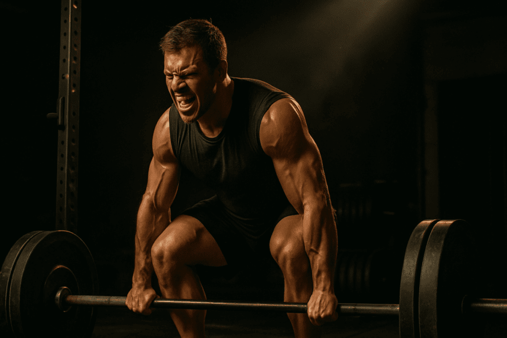 Man straining mid-deadlift under dim gym lighting during peak intensity phase of an 8 week weight training program.